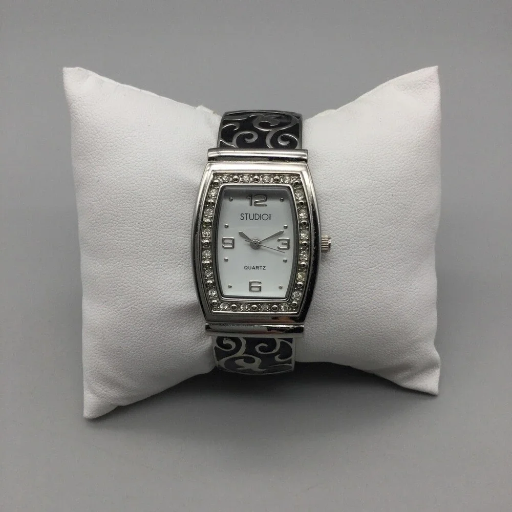 Studio Time Watch Womens 26mm Silver Tone Black Crystals Hinged Cuff New Battery